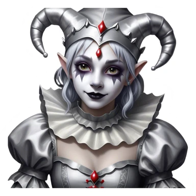 Cinematic girl in the style of a Jester, Ultra realistic 32k HD, Breathtaking piece of art, rim lighting, hauntingly beautiful art, mostly greyscale, Balanced features, highly detailed digital artwork, glowing with silver light, glowing, high shine, deviant adoptable, highly detailed clothing, remembrance, a painting of white silver, fanciful, enchanting, ghostly, embodying the essence of both reality and fantasy, dreamy, dreamy glow, optical illusion, immaculate composition, complex pose, air composition. The image is so lifelike that it feels as though it could leap off the canvas at any moment sticker