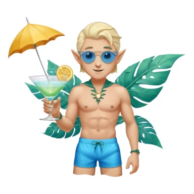 elf male legolas in stylish blue swim trunks, palm extended over cocktail glass, conjuring swirling frost and mist to chill it, silver aviator sunglasses, pointy ears, confident smirk, minimalist beach bar backdrop, centered emoji, summer magic sticker