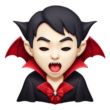 Cinematic Cute Yawning Vampire Portrait Emoji, with a small, rounded, charming pale face accented with tiny playful fangs and droopy, half-closed eyes, head tilted in an adorable wide yawn, dressed in miniature elegant dark attire with a hint of crimson, simplified yet irresistibly endearing, highly detailed with a soft, mysterious glow and gentle outline that captures the cute, drowsy side of an immortal! sticker