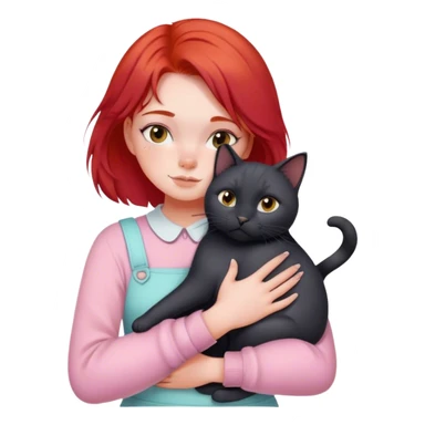 
a girl with red hair in pastel clothes hugs a black British cat sticker
