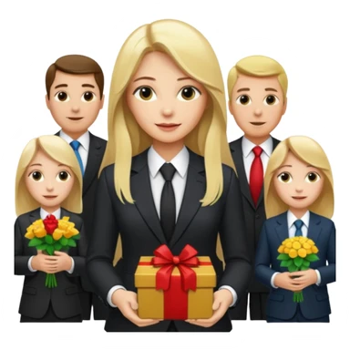 "Young blonde woman with long hair in the center, rich businessmen in suits around her, giving gifts, money, and flowers." sticker