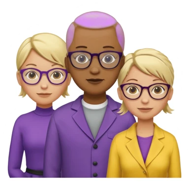 FIVE person team; 2 men and 3 women.  All dressed in yellow or purple.  2 caucasian women have blonde and 1 has ash blonde hair tied up.  1 man is African-american and bald, 1 man is caucasian and very little hair left.  All have glasses sticker
