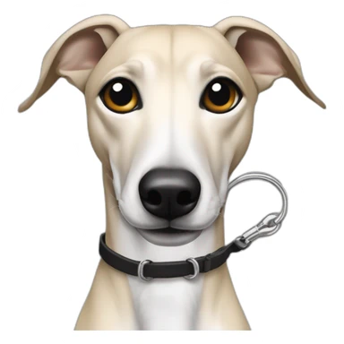 a beige whippet with one fore-foot up and a leash going out of frame, with a dark snout, black and white mouth patchy and black angel wing like eyes sticker