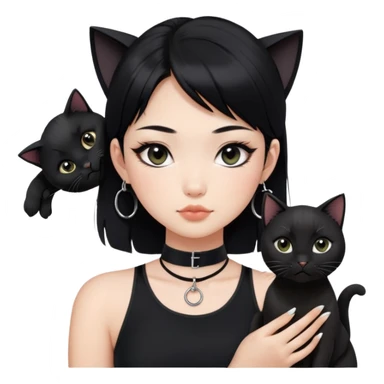 Asian girl, black hair.  Holding two BLACK cats with one cat has a round fat face. Both pure black.  The girl also wearing a black singlet, a black chocker, silver round hook earring, and wearing eyeliner.  sticker