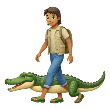 Man with a mullet wearing crocs walking an aligator sticker
