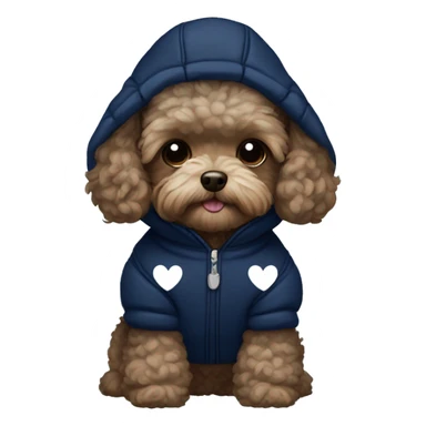 Dark Brown maltipoo wearing navy blue puffer jacket with a hood with little white hearts pattern sticker