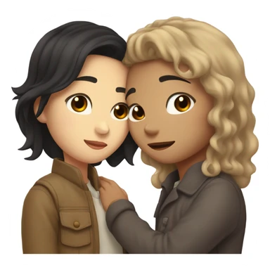 A half pale Asian man with short dark hair and amber eyes embracing and loving a half Asian woman with long wavy dark hair and dark hazel eyes. They love each other a lot And have good fashion taste and are hugging each other tight  sticker