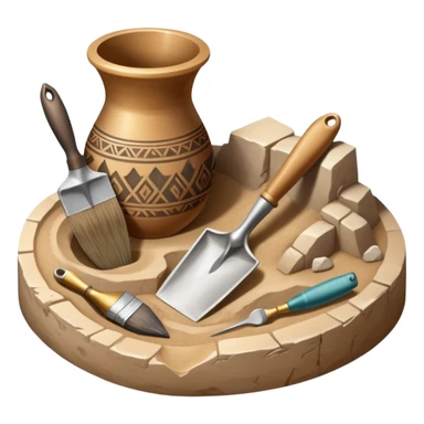 An icon showing an archaeologist’s tools: a trowel, brush, and a partially uncovered ancient artifact like a vase or tablet. The design includes a sandy excavation site with ruins in the background, symbolizing the discovery of past civilizations. Transparent background  sticker
