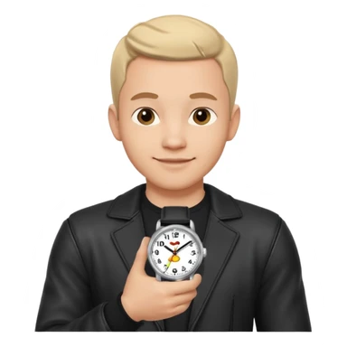 man wearing a black strap watch portrait, head and shoulders only, round face, soft jawline, friendly smile, black leather strap watch visible, 3D cartoon, mobile game icon style, clean background, no text, no watermark sticker