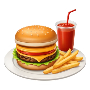 i want a Cheeseburger and Fries with a angle to 15–20° gentle bird’s-eye angle with 2white and red Sause on white plate  sticker