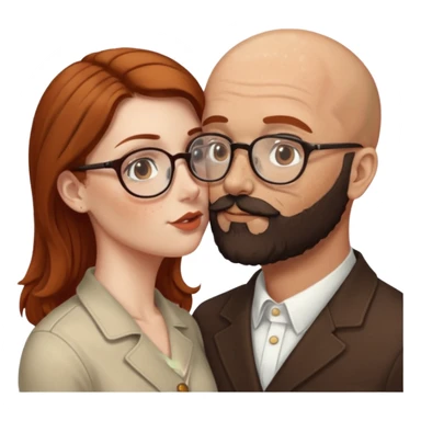 Couple. Bald man with dark brown-black beard. White woman with many small, faded freckles, she has white skin and she has auburn-brown-cinnamon, dark long hair. She has light brown eyes. The man have hazel eyes and glasses. Retro style. She kisses him. sticker