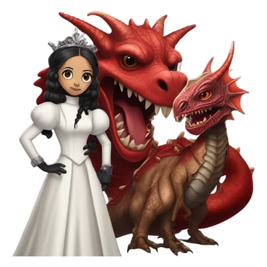 surprised Lavish Victorian evening gown with gloves, Jenna Ortega as Addams girl Jedi wearing a steampunk mini tiara, standing next to a very large blood red evil-looking horned dragon sticker