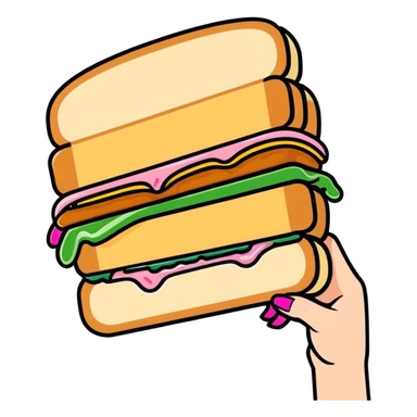 cartoon style sandwich with fillings spilling out, bitten on one side, held by a hand with pink nails sticker