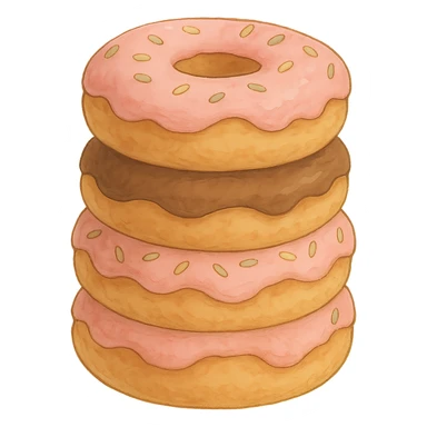 A stack of donuts in Ghibli style, detailed, soft pink colors, with no background sticker