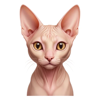 Cinematic Noble Sphynx Cat Portrait Emoji, Poised and regal, with smooth, hairless skin in warm peach and soft pink tones, striking large ears and intense almond-shaped eyes, Simplified yet sharp and sophisticated features, highly detailed, glowing with a soft, dignified glow, high shine, intelligent and graceful, stylized with an air of elegance, focused and attentive, soft glowing outline, capturing the essence of a watchful and refined feline, so majestic it feels as though it could glide across the screen with effortless confidence! sticker