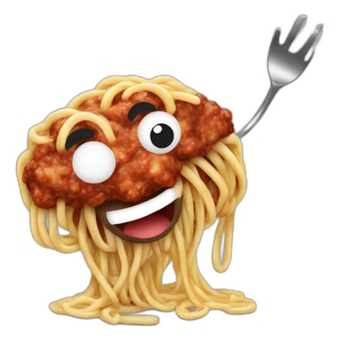 Spaghetti and meatballs, with a face, arms and legs, doing something random sticker