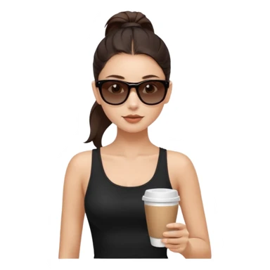 generate a pretty fair bratz girl with dark brown eyes, dark brown eyes tied into a slick back ponytail, thin brown sunglasses. Wearing a black cami top and drinking coffee, high cheekbones sticker