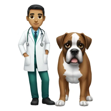 Young Mexican doctor with big black boxer dog with white face sticker