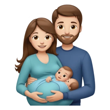 "Pregnant woman with long brown hair and fair skin and man with short brown hair and fair skin (without a mustache) holding baby  smiling."
 sticker