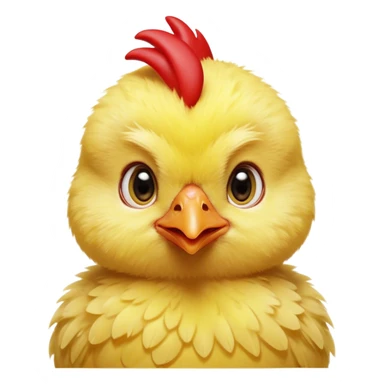 Cinematic Cute Yellow Baby Chicken Portrait Emoji, Head tilted playfully and inquisitively, featuring a fluffy, vibrant yellow downy coat with a tiny red comb, round, sparkling beady eyes filled with curiosity, Simplified yet irresistibly adorable features, highly detailed, glowing with a warm, friendly glow, high shine, affectionate and lively, stylized with a touch of playful whimsy, bright and endearing, soft glowing outline, capturing the essence of a mischievous yet loving chick, so playful it feels like it could peep out of the screen and into your arms! sticker