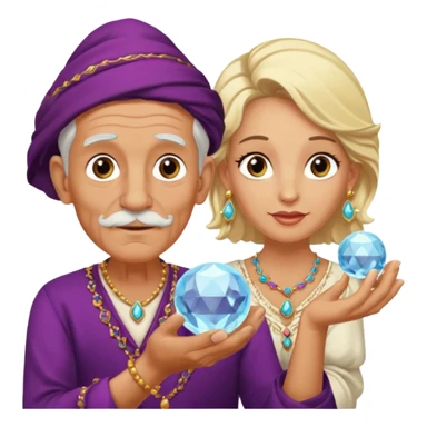 Elderly male cleanshaven gypsy with earrings and blonde female gypsy holding a crystal ball sticker