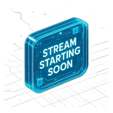 loopable Twitch stream background with large centered 'Stream Starting Soon' text, techy and modern style, glowing blue and cyan lines, digital grids, circuit-like elements, cool energetic high-tech vibe sticker