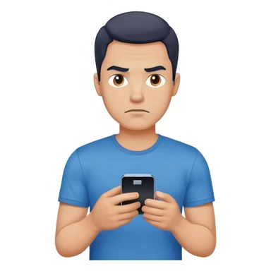 a brooding guy in a blue T-shirt holding a cell phone sticker