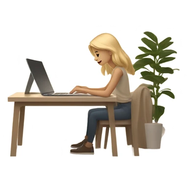 A blonde girl working on her laptop in a beige aesthetic setting. The scene features soft, warm tones with minimalist decor, such as a neutral beige desk, a simple coffee cup, and subtle lighting that complements the calming and modern atmosphere. sticker