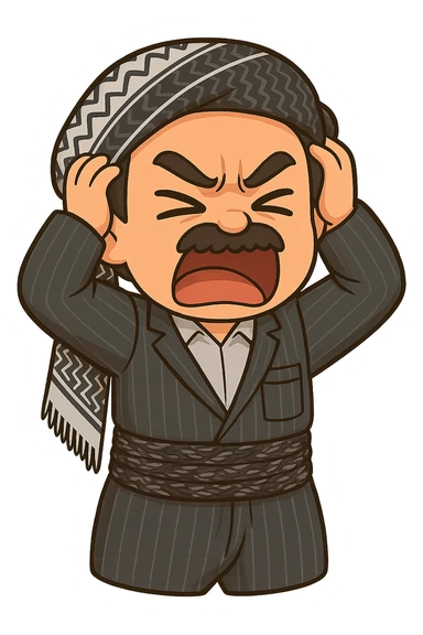 Cartoon sticker of a Kurdish man with the exact same clothes and scarf as the reference image, no changes to clothing or scarf. Face showing anger and rage. Both hands on the head as a sign of severe distress or anger. Colorful and cheerful style, no shadows or color halos around the image, no text. Suitable for WhatsApp and Instagram, with a completely transparent background. sticker