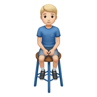 Generate a photorealistic image of a boy sitting on a stool. The scene is captured from a top-down perspective (bird's-eye view), looking directly down from above his head towards his feet. The background should be simple and clean. sticker