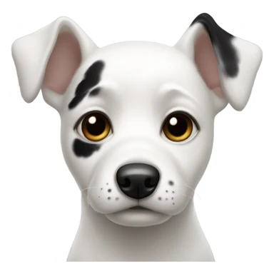 White dog with black patch eyes and ear sticker