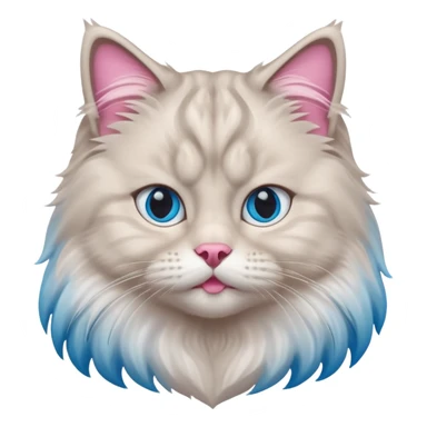 Fluffy Siberian cat face emoji, white and grey long hair, bright blue eyes, pink nose, friendly expression, 3D vector style, isolated on white background. sticker