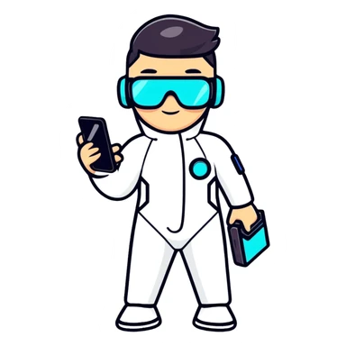 Futuristic human wearing sleek jumpsuit with tech gadgets, augmented reality glasses, and glowing accents sticker