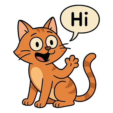 a cat with a speech bubble saying hi, playful, cartoon style sticker