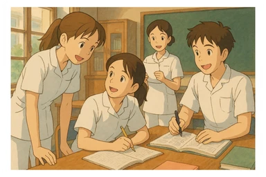 Quatre étudiants infirmiers en intérieur, style Ghibli, travaillant en collaboration et en interaction. Uniformes blancs à manches courtes, tuniques médicales col en V, poche poitrine à gauche, avant-bras nus, pas de pied de col ni stéthoscopes, cheveux longs attachés pour ceux qui en ont. Ambiance chaleureuse, dynamique, professionnelle. sticker