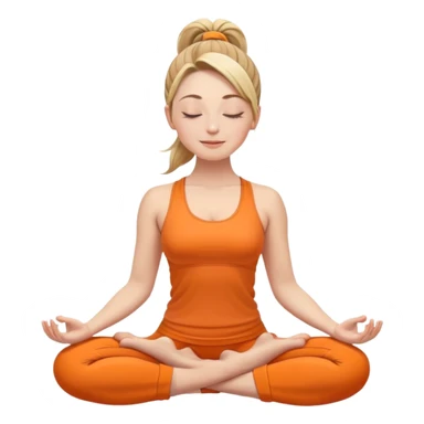 white woman with ponytail hairstyle in lotus position meditation yoga pose, closed eyes with a gentle smile, wearing orange yoga outfit sticker