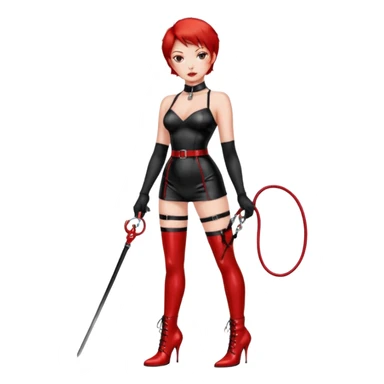 mistress, dominant girl, short red hair, sexy shiny red bdsm clothing, red hold-ups, whip and leash on her hands, choker around her neck, serious look, shiny red high heel boots sticker
