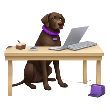 Chocolate lab working on computer with small headset , food on desk, wearing purple sweater  sticker