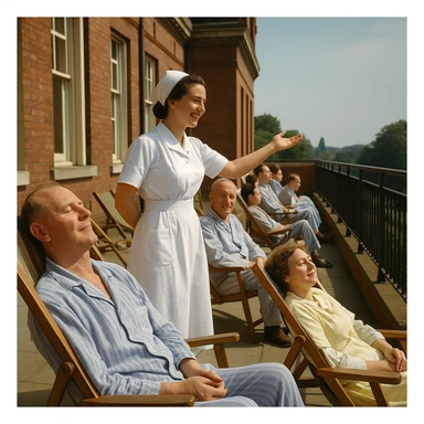 historical hospital terrace in the 1950s with patients in pajamas or gowns sitting on a sunny terrace, some on deck chairs, a smiling nurse encouraging patients to sunbathe, atmosphere of care and hope, realistic details, warm colors, natural light, 4K quality sticker