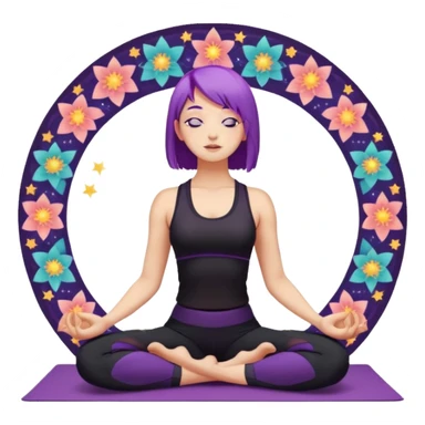 A young woman with purple hair doing yoga in the camel pose (Ustrasana), wearing a black sports outfit, minimalistic background with mandala pattern and colorful stars, soft lighting, peaceful atmosphere, digital illustration style. sticker