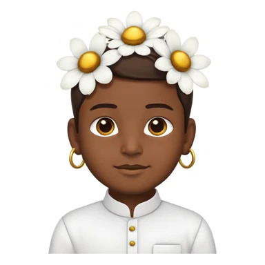 Samsung-style emoji cartoon of a Tamil boy in traditional festival attire: white veshti, shirt, gold-bordered angavastram, flower behind ear sticker