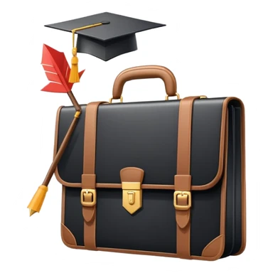 A flat-style illustration of a briefcase, a rising arrow, and a graduation cap, arranged together to symbolize professional growth. Clean, minimal, cartoon style, white background, iOS emoji aesthetic. sticker