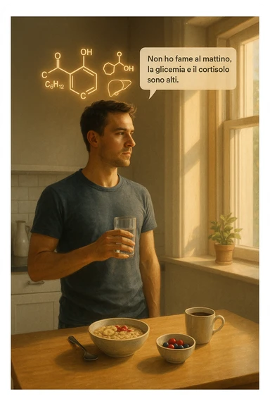 A realistic, cinematic illustration of a man in his early 30s with a lean, healthy build, standing calmly in a bright, minimal kitchen in the early morning. On the kitchen table, there is a prepared but untouched healthy breakfast (oatmeal, fruit, coffee). The man, with a neutral and focused expression, holds a glass of water while looking out of the window where morning sunlight enters. Above him, subtle glowing medical icons display: a glucose molecule, a cortisol hormone symbol, and a liver icon, indicating high morning blood sugar and cortisol levels. A small speech bubble or text overlay says: ‘Non ho fame al mattino, la glicemia e il cortisolo sono alti.’ The scene conveys a sense of calm, clarity, and body awareness, showing that the man consciously avoids breakfast due to physiological signals rather than restrizione. The style is realistic, warm, with a slight film grain, emphasizing health and conscious self-regulation. in italiano sticker