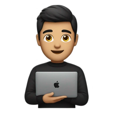 memoji of a man with a laptop in front, apple-style,modern,dark hair,black sweater,computer in hand, srilankan,  sticker