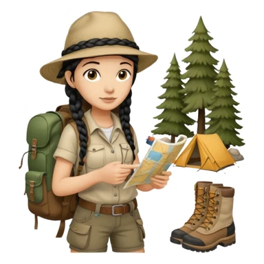 A braid black hair backpacking woman checking her map with curious eyes while walking with camping hat and dirt covered bootsfull body sticker