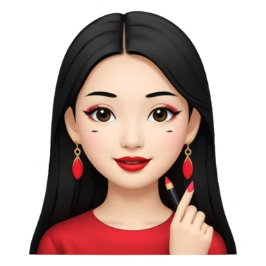 A Asian girl with fare skin and earrings, long straight black hair that is covering her checks with black eyes, smiling with a open wings eyeliner sticker