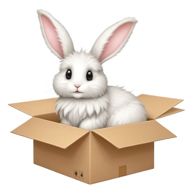  A very cute young Angora long rabbit  with one's head tilted to one side poked its paws out of the cardboard big box and placed them on top of it sticker
