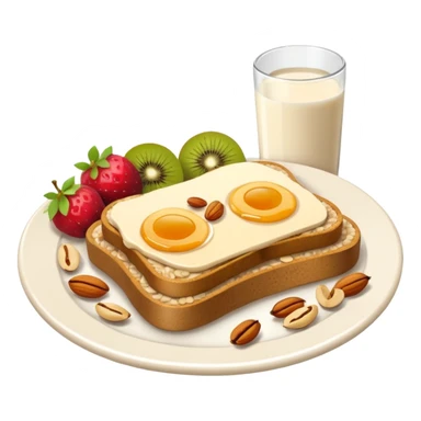 Vegetarian breakfast emoji illustration, flat iOS emoji style, toast, fruits, oatmeal, nuts, milk, no eggs, no meat, no fish, no non-vegetarian food, clean white background.” sticker