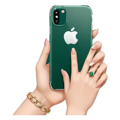 female hand with nude manicure showing 5 fingers (pinky, ring, middle, index, thumb) holding a white iPhone in a dark green case, minimalism, emoji style sticker