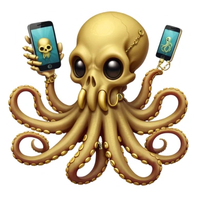 Intimidating octopus skeleton. Evil looking eyes, wearing a gold necklace. 3 tentacles are holding their own cellphone with one held to the side of its face as if its on a phone call, 2 other tentacles are holding stacks of money sticker